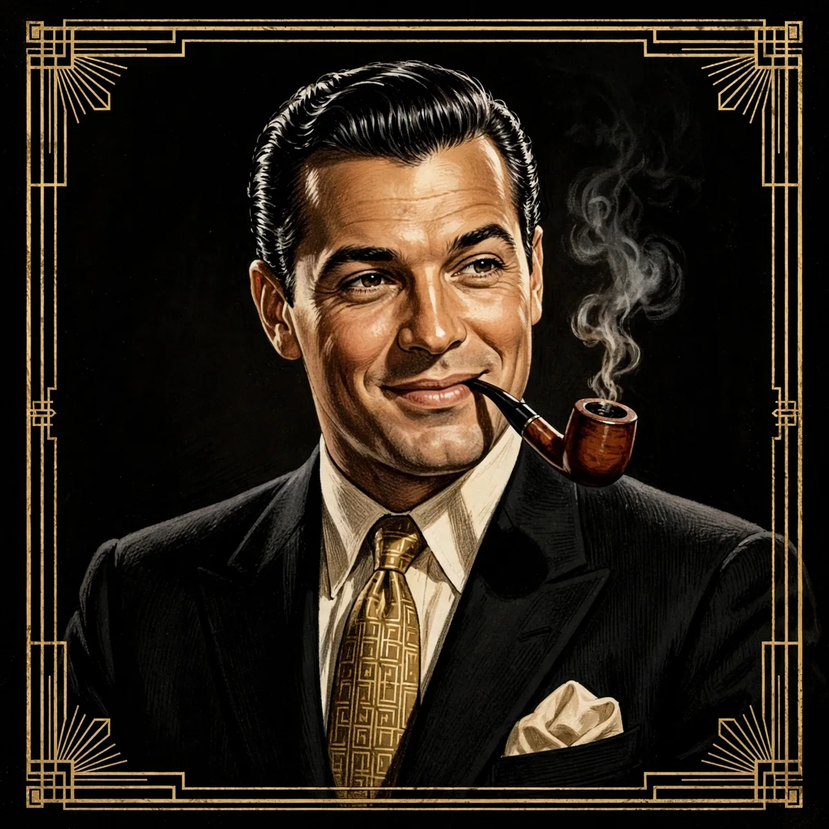 Portrait of Jake "Jay" Robbins, pipe in hand, framed in gold art-deco linework